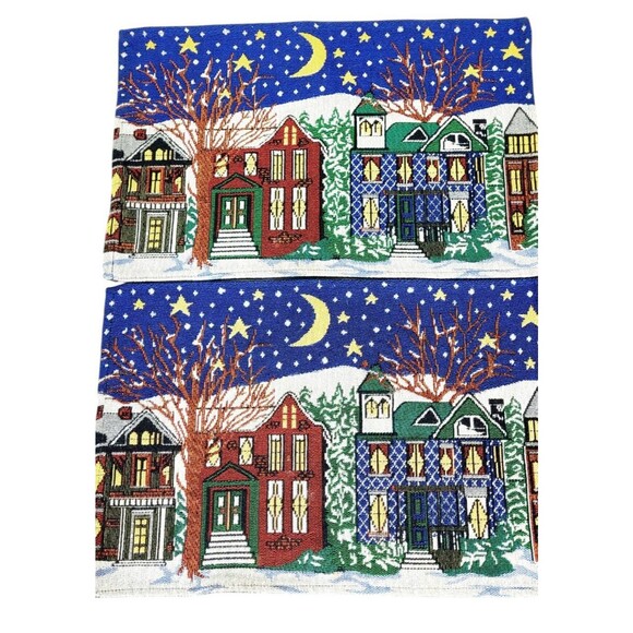 VTG Starry Snowy Night Winter Wonderland Set Of 2 Holiday Tapestry Placemats - Picture 4 of 8